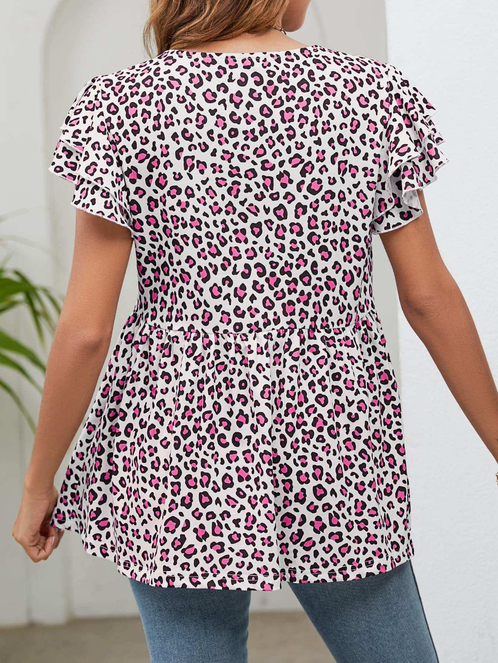 Leopard Round Neck Flutter Sleeve Babydoll Blouse - Trendsi - Flyclothing LLC