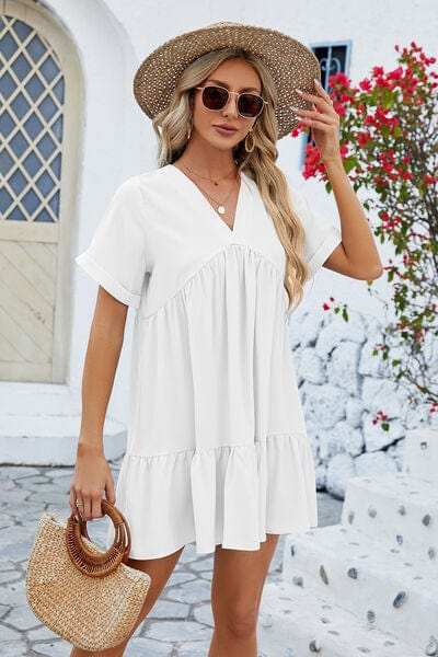 Ruched Tiered V-Neck Short Sleeve Mini Dress - Trendsi - Flyclothing LLC