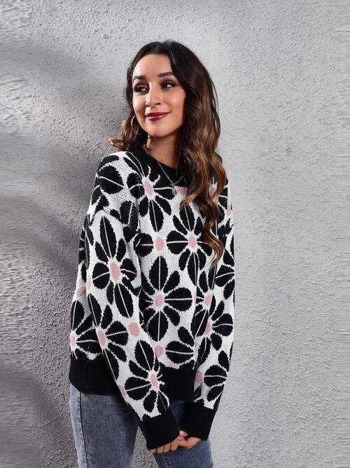 Floral Round Neck Long Sleeve Sweater - Trendsi - Flyclothing LLC