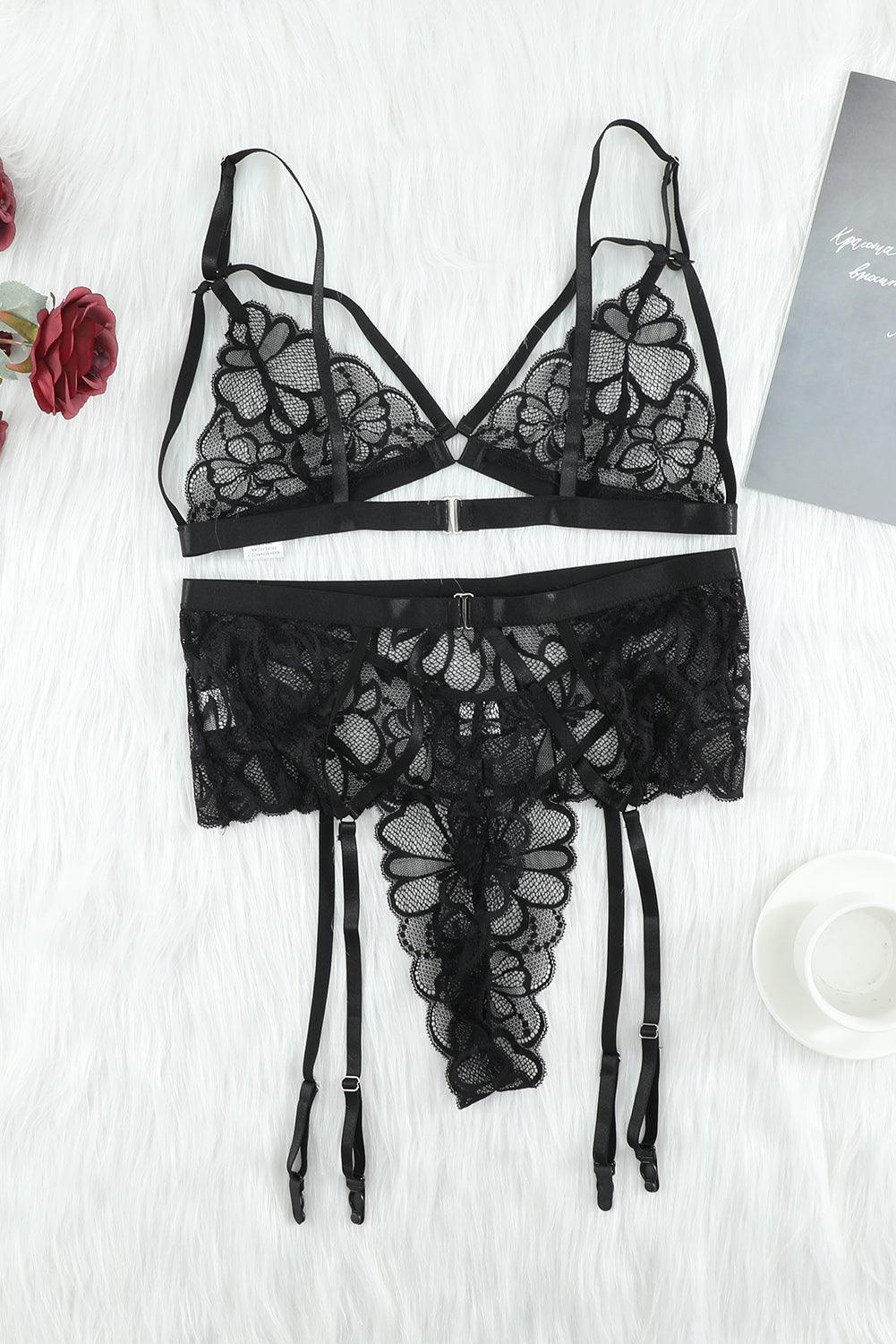 Strappy Three-Piece Lace Lingerie Set - Flyclothing LLC