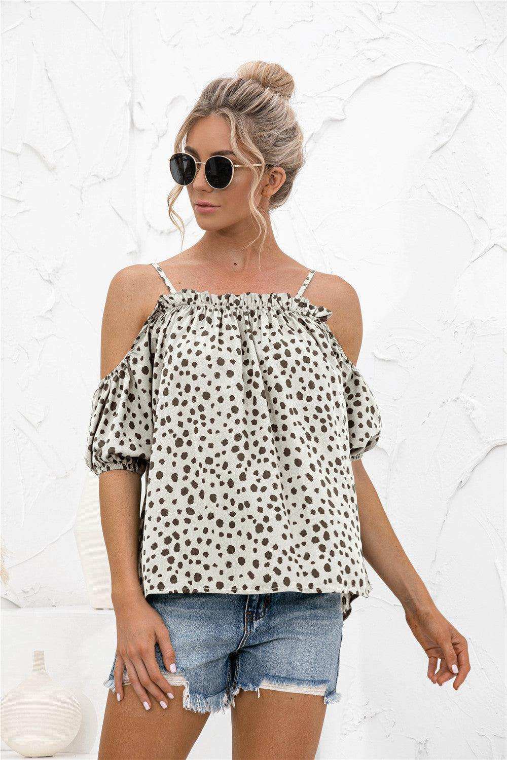 Printed Cold-Shoulder Frill Trim Blouse - Trendsi - Flyclothing LLC