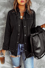 Distressed Snap Down Denim Jacket - Trendsi