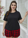 Plus Size Round Neck Tee Shirt and Plaid Shorts Lounge Set - Trendsi