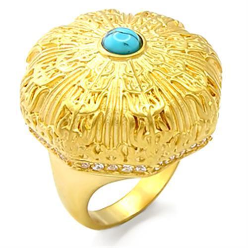 Alamode Gold Brass Ring with Synthetic Turquoise in Sea Blue - Flyclothing LLC