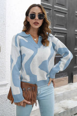 Two-Tone Johnny Collar Dropped Shoulder Pullover Sweater - Trendsi - Flyclothing LLC
