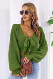 Bow V-Neck Long Sleeve Cropped Sweater - Trendsi - Flyclothing LLC
