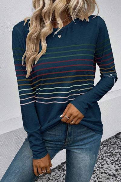 Striped Round Neck Long Sleeve T-Shirt - Trendsi - Flyclothing LLC