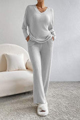 Ribbed V-Neck Top and Pants Lounge Set - Trendsi - Flyclothing LLC