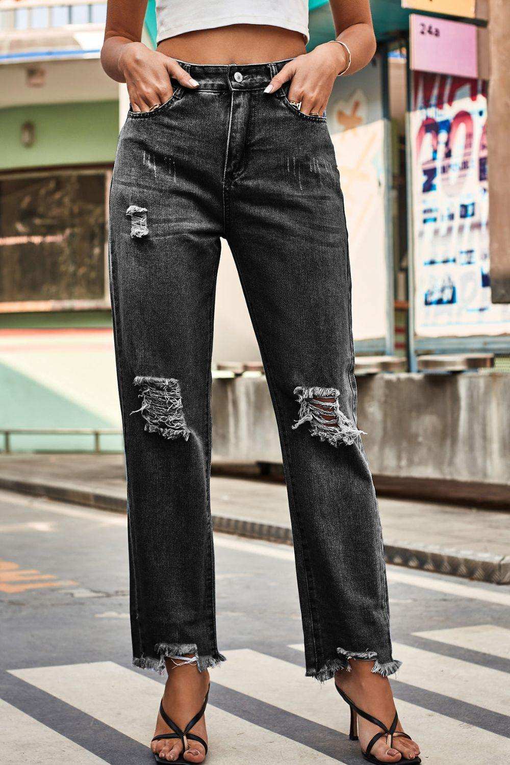 Distresssed Buttoned Loose Fit Jeans - Trendsi - Flyclothing LLC