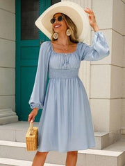Off-Shoulder Balloon Sleeve Smocked Dress - Trendsi