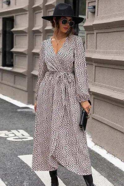 Slit Printed Surplice Balloon Sleeve Dress - Trendsi - Flyclothing LLC
