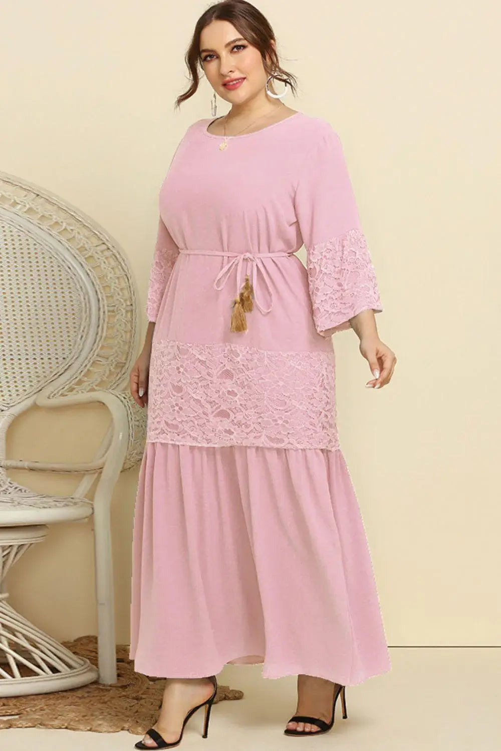 Plus Size Spliced Lace Tassel Belted Dress - Trendsi - Flyclothing LLC