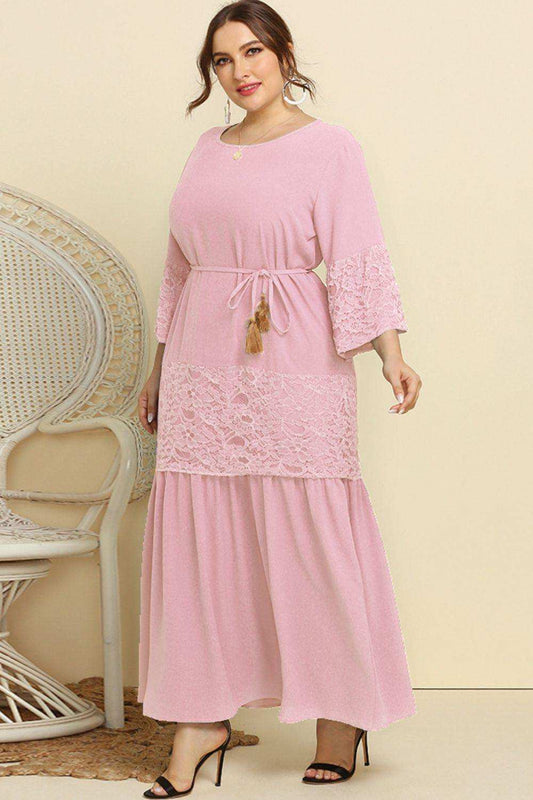 Plus Size Spliced Lace Tassel Belted Dress - Trendsi - Flyclothing LLC