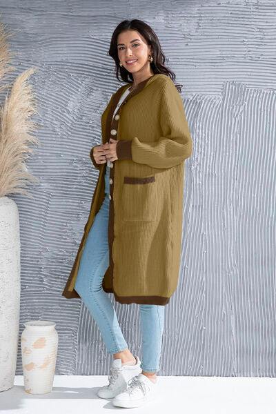 Button Up Contrast Trim Hooded Cardigan - Trendsi