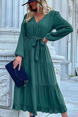 Buttoned V-Neck Puff Sleeve Tiered Dress - Flyclothing LLC
