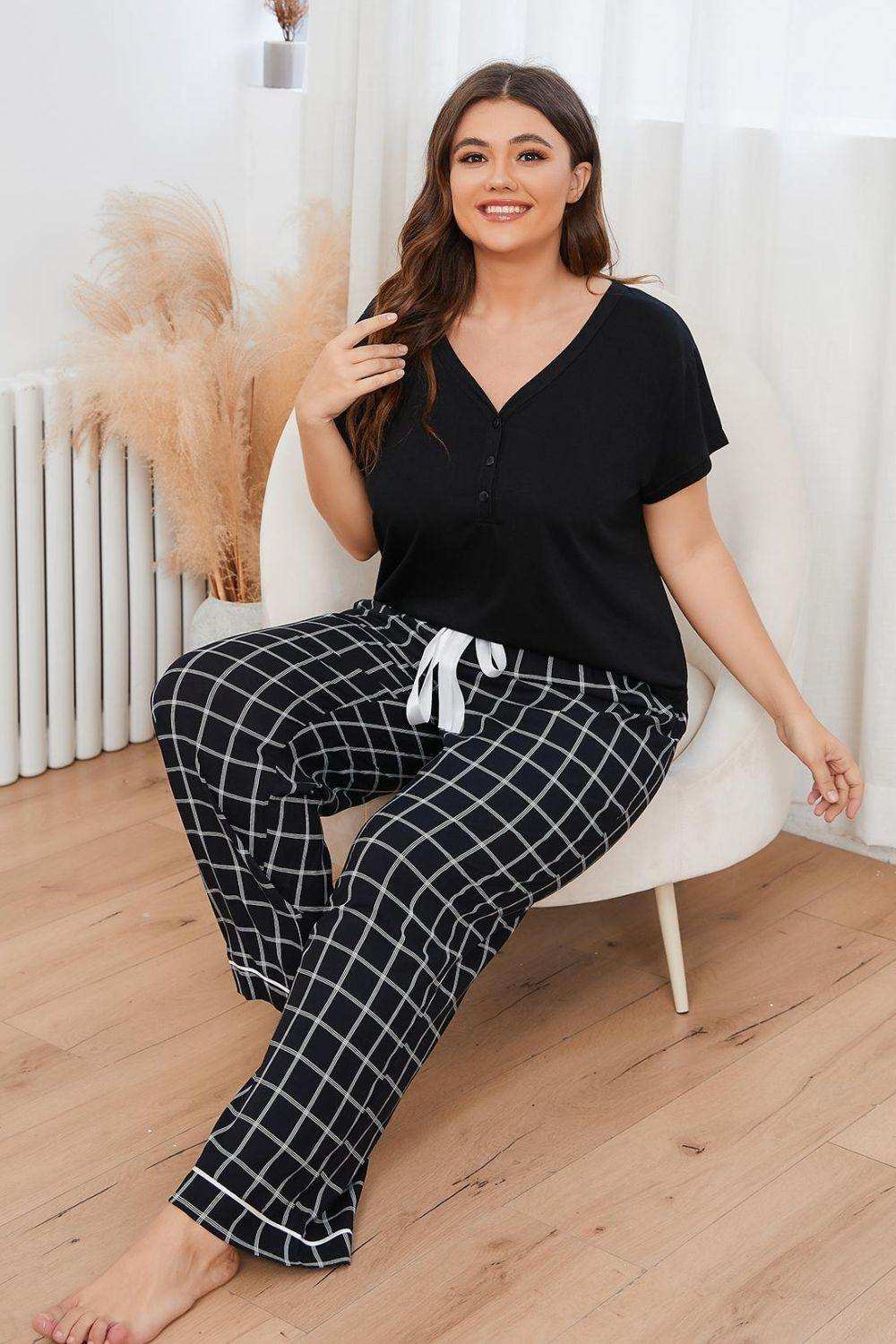 Plus Size V-Neck Top and Plaid Pants Lounge Set - Trendsi - Flyclothing LLC
