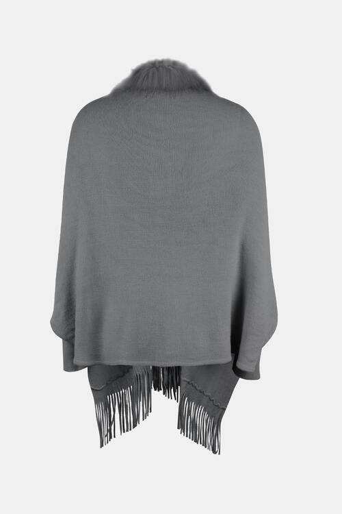 Fringe Open Front Long Sleeve Poncho - Trendsi - Flyclothing LLC