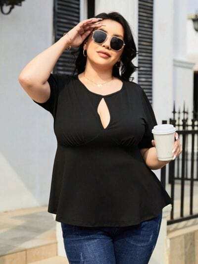 Plus Size Cutout Short Sleeve Blouse - Trendsi - Flyclothing LLC