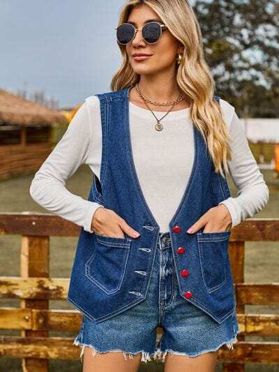 Pocketed Button Up Sleeveless Denim Jacket - Trendsi - Flyclothing LLC