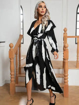 Printed Tie Front Ruffle Trim Long Sleeve Dress - Trendsi - Flyclothing LLC
