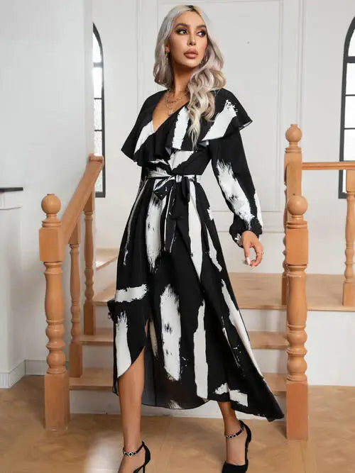 Printed Tie Front Ruffle Trim Long Sleeve Dress - Trendsi - Flyclothing LLC