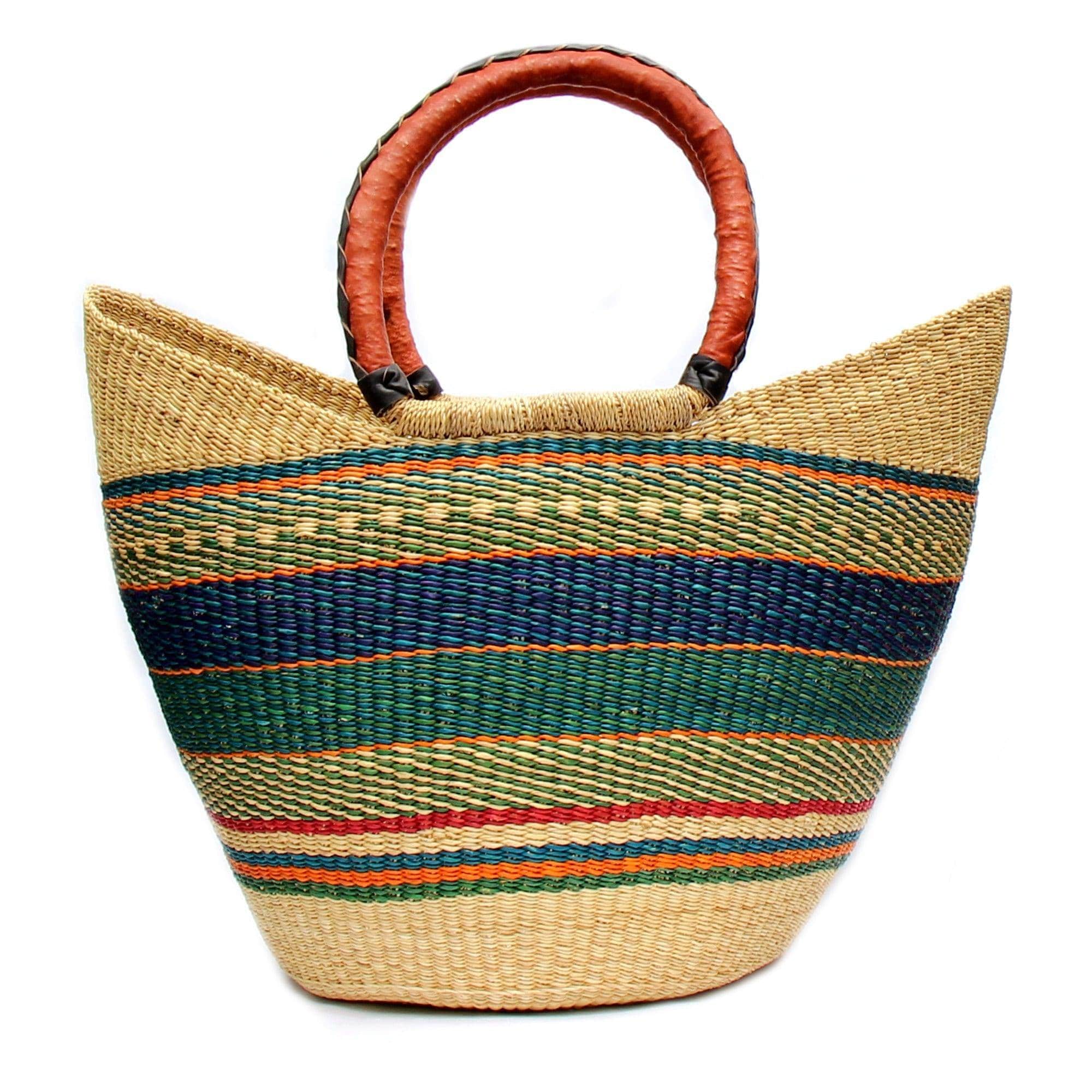Bolga Tote, Mixed Colors with Leather Handle - 18-inch - Gitzell