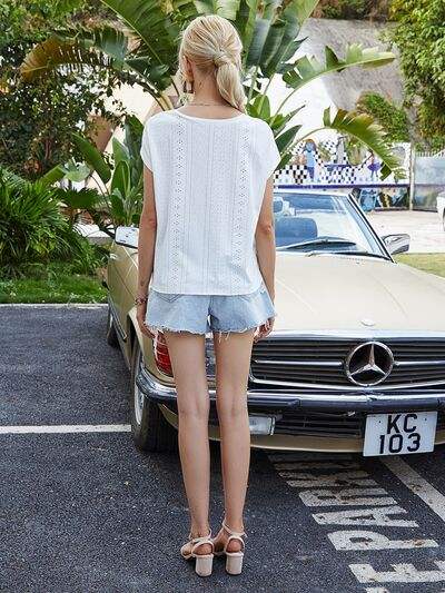 Tied Eyelet Round Neck Cap Sleeve T-Shirt - Trendsi - Flyclothing LLC