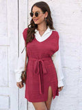Tie Front V-Neck Sleeveless Slit Sweater Dress - Trendsi - Flyclothing LLC