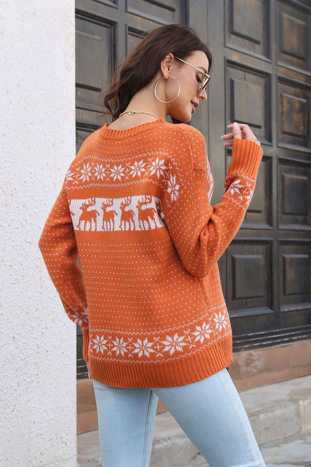 Reindeer & Snowflake Pattern Dropped Shoulder Pullover Sweater - Trendsi