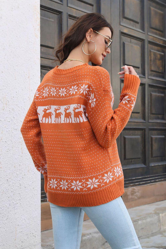 Reindeer & Snowflake Pattern Dropped Shoulder Pullover Sweater - Trendsi