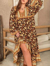 Plus Size Printed V-Neck Balloon Sleeve Dress - Trendsi - Flyclothing LLC
