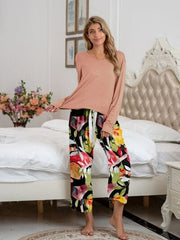 Round Neck Top and Printed Pants Lounge Set - Trendsi