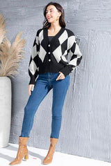 Geometric Button Up Dropped Shoulder Cardigan - Trendsi