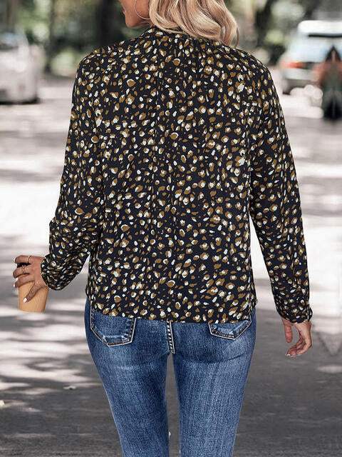 Printed Tie Neck Long Sleeve Top - Trendsi - Flyclothing LLC