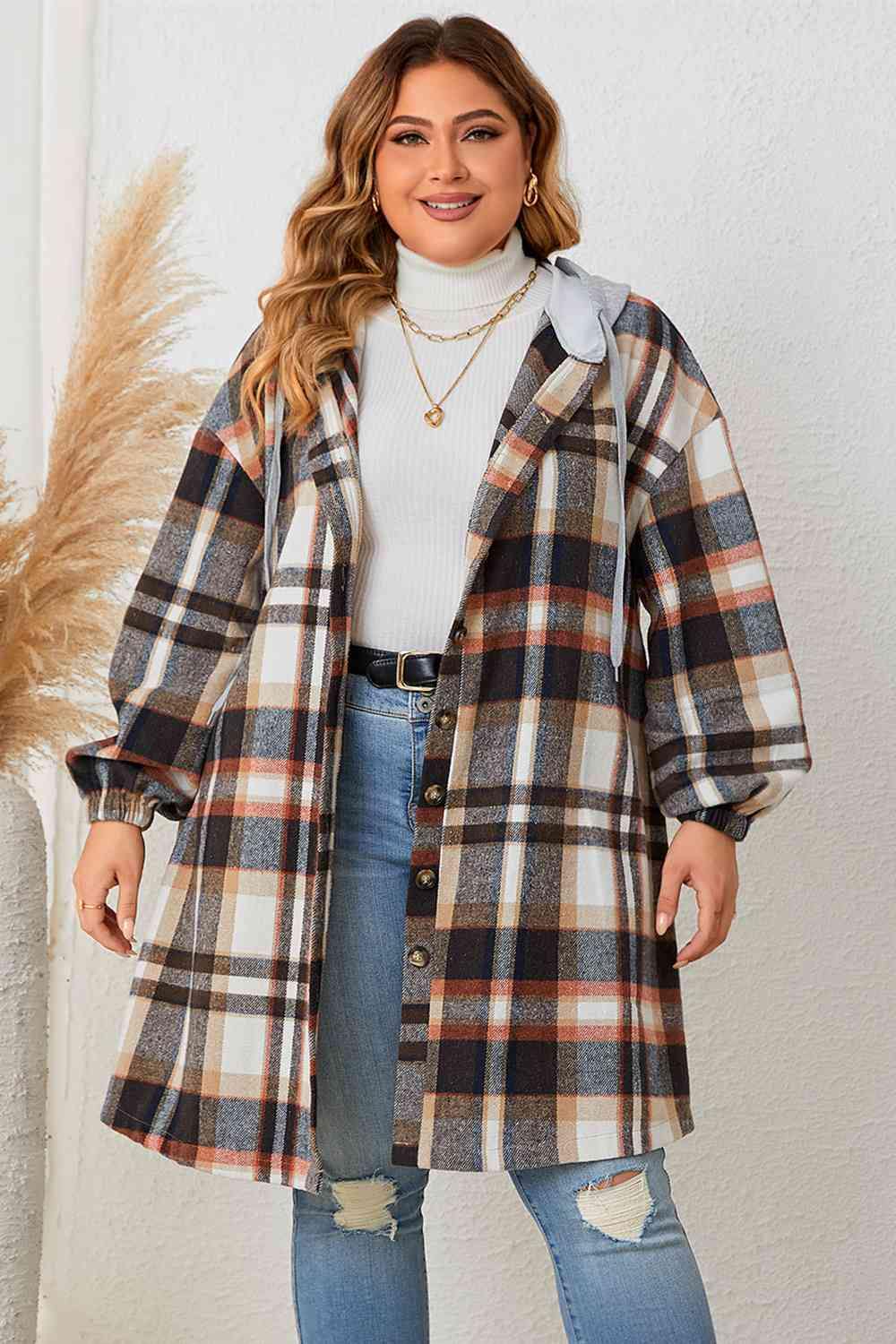 Plus Size Plaid Drop Shoulder Hooded Coat - Trendsi
