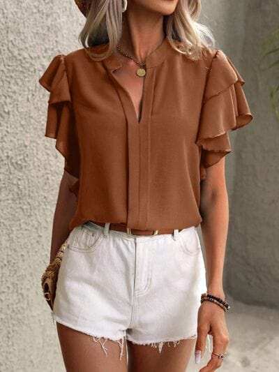 Ruffled Notched Short Sleeve Blouse - Trendsi - Flyclothing LLC