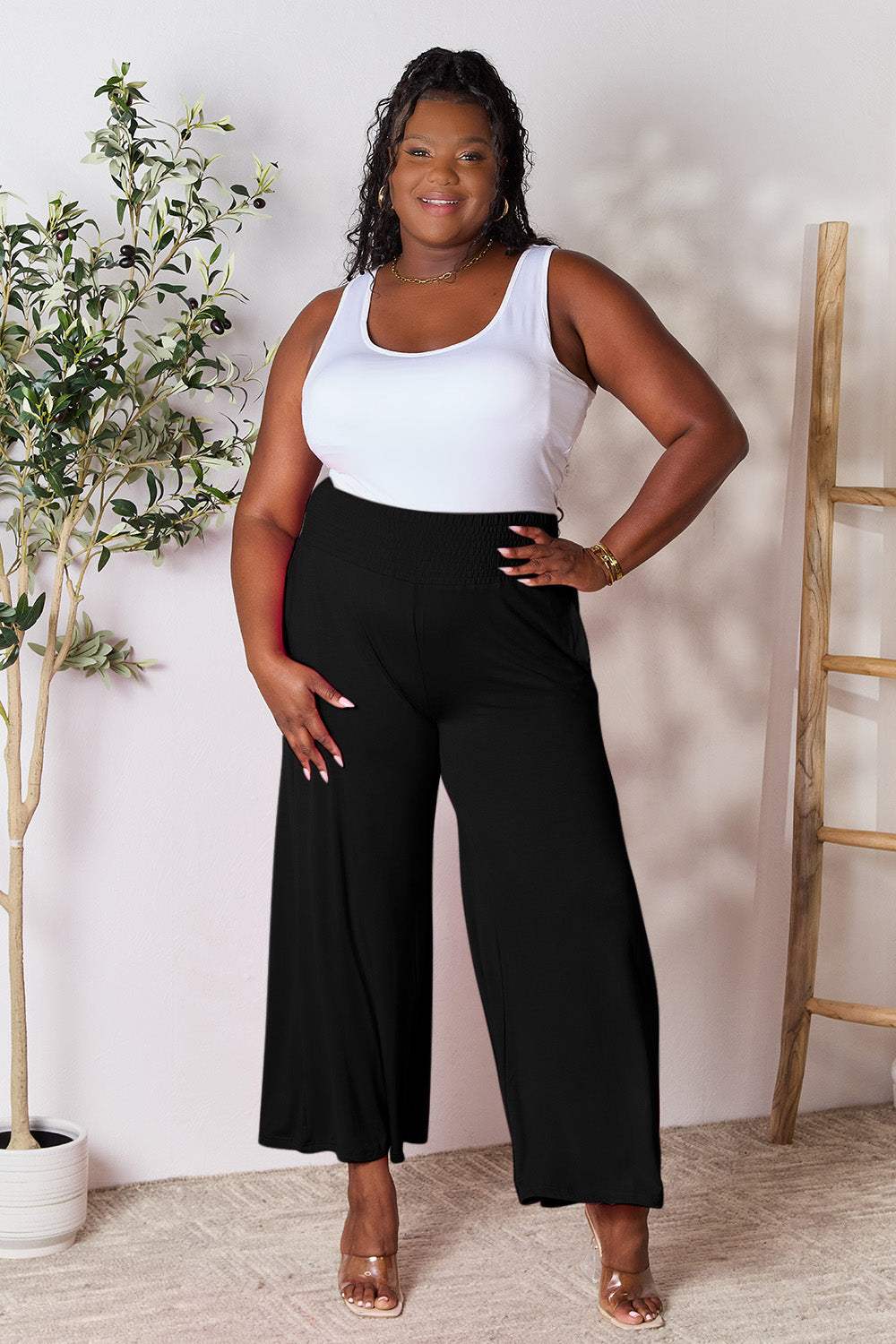 Double Take Full Size Smocked Wide Waistband Wide Leg Pants - Trendsi - Flyclothing LLC