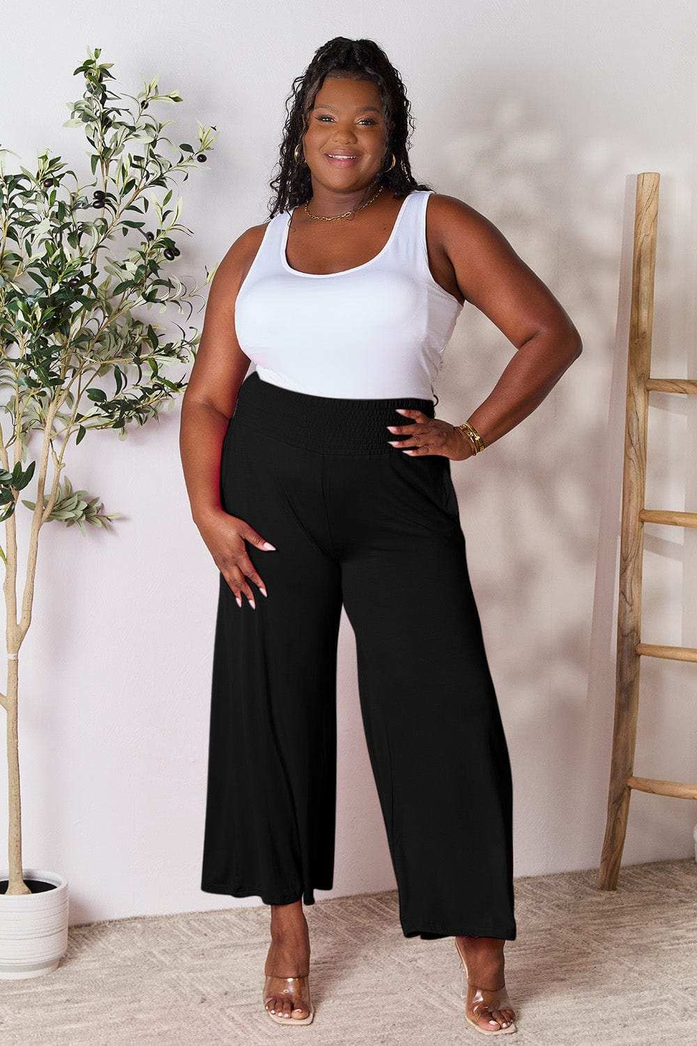 Double Take Full Size Smocked Wide Waistband Wide Leg Pants - Trendsi - Flyclothing LLC