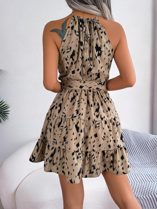 Halter Neck Printed Tie Waist Sleeveless Mini Dress - Trendsi