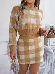 Plaid Round Neck Top and Skirt Sweater Set - Trendsi