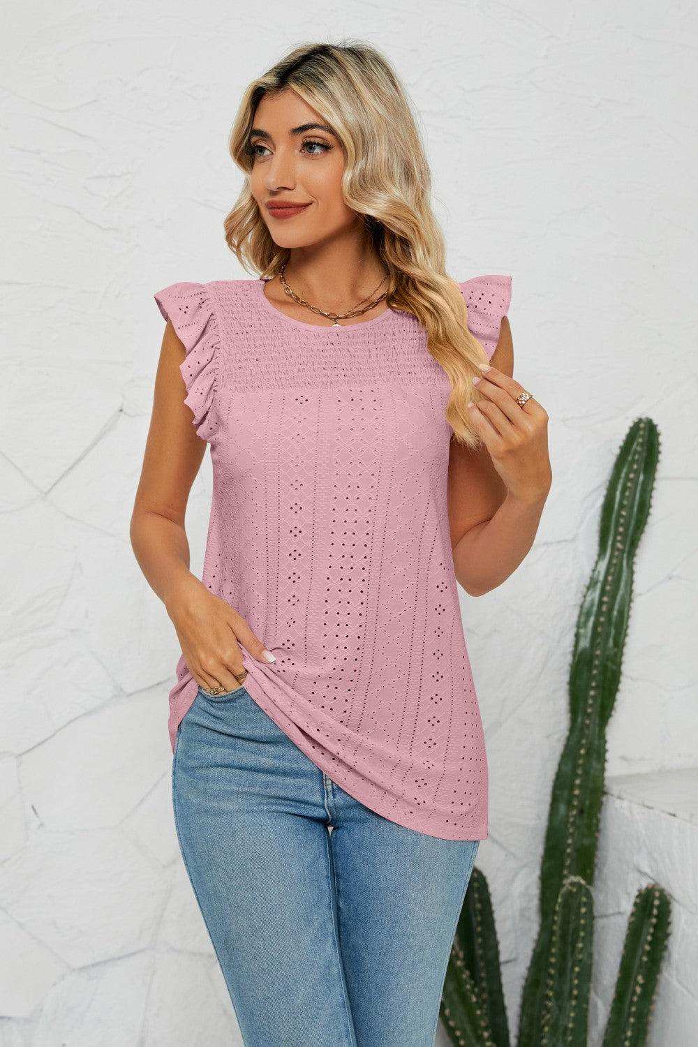 Smocked Round Neck Eyelet Top - Trendsi - Flyclothing LLC