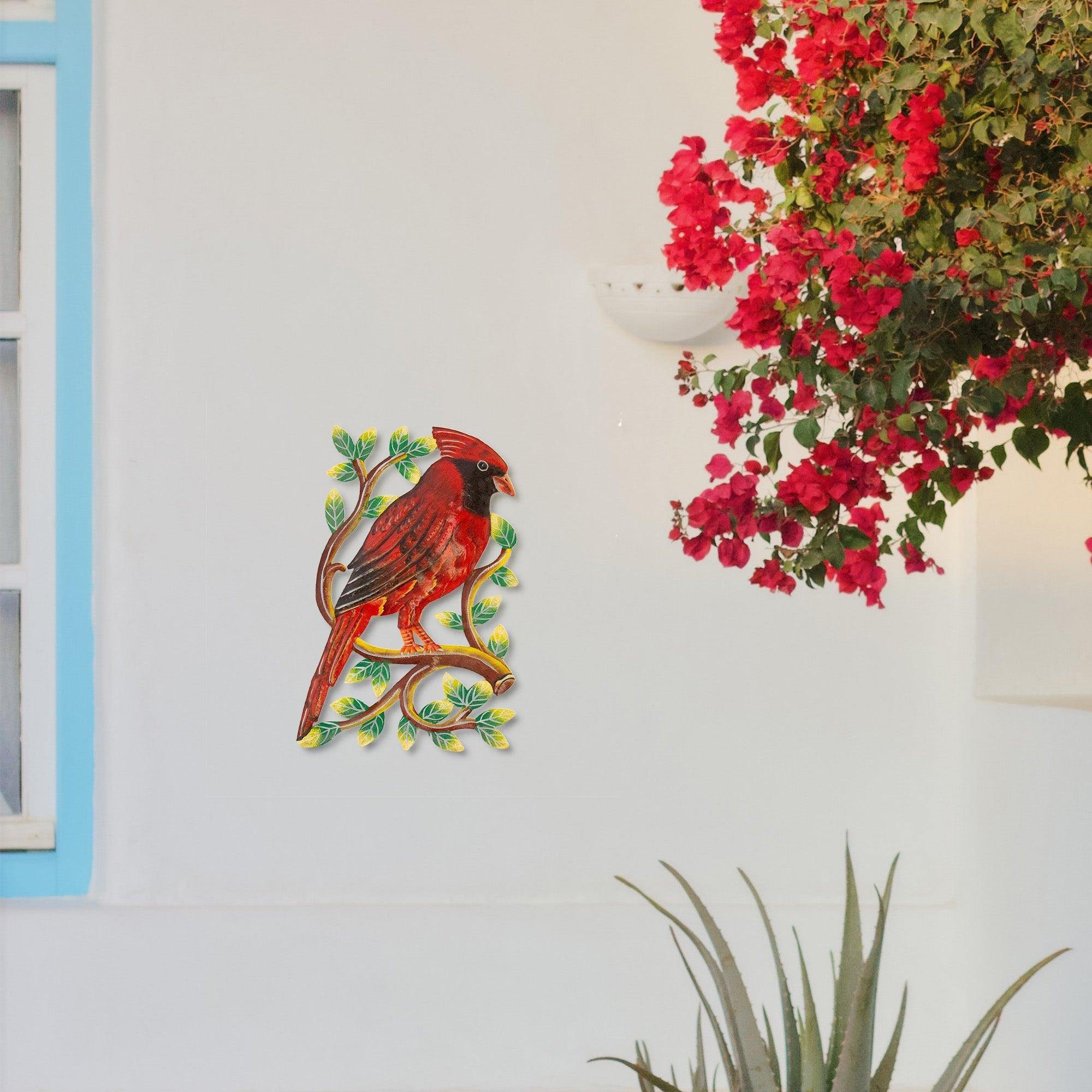 Cardinal on Branch, Painted Haitian Steel Drum Wall Art - Haitian Artisans
