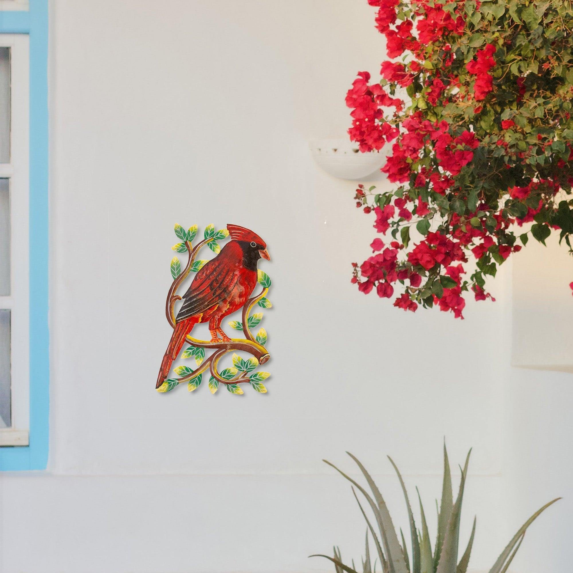 Cardinal on Branch, Painted Haitian Steel Drum Wall Art - Flyclothing LLC