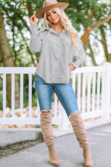 Striped Lantern Sleeve Collared Shirt - Trendsi - Flyclothing LLC