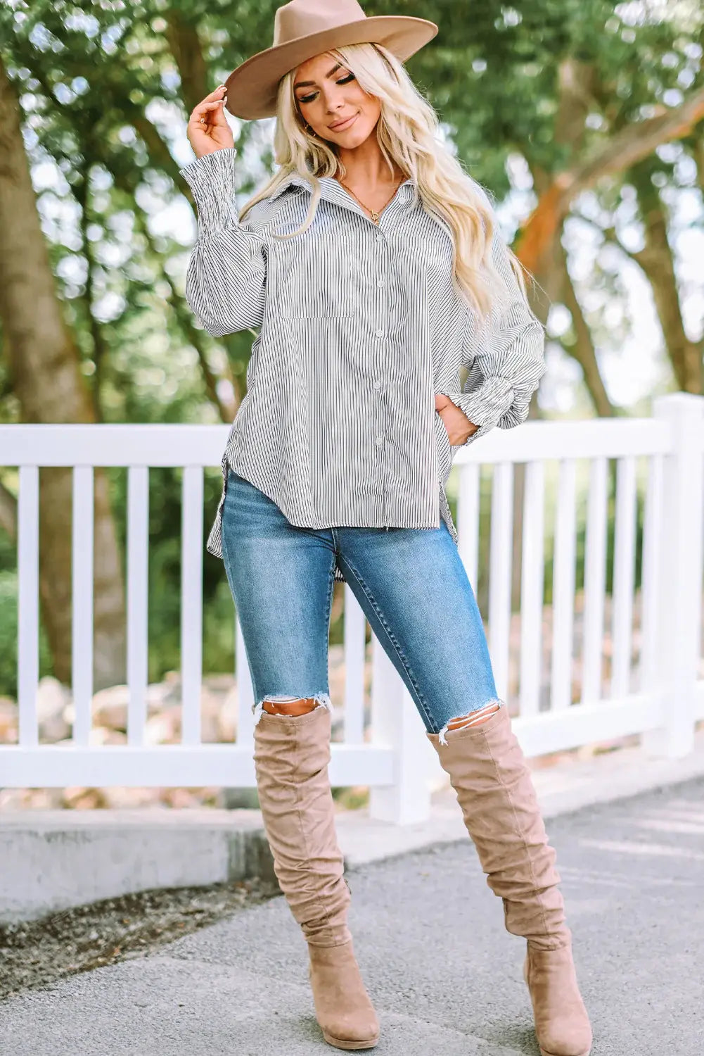 Striped Lantern Sleeve Collared Shirt - Trendsi - Flyclothing LLC