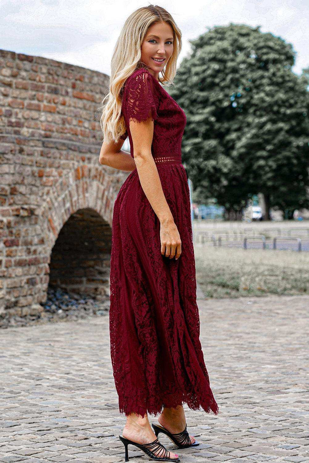 Scalloped Trim Lace Plunge Dress - Trendsi - Flyclothing LLC