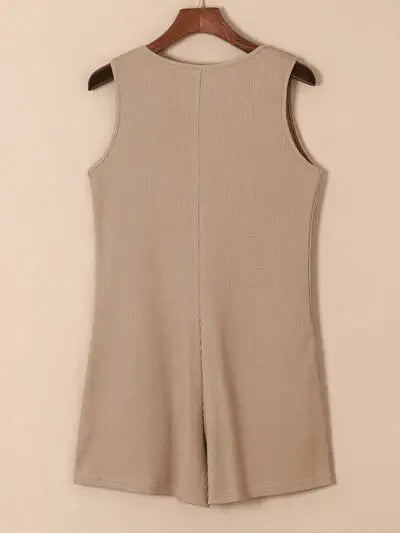 Waffle-Knit Half Button Sleeveless Romper with Pockets - Trendsi - Flyclothing LLC