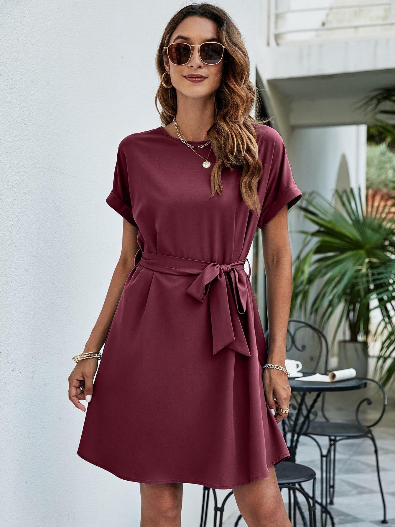 Belted Round Neck Curved Hem Dress - Trendsi