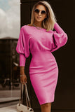 Boat Neck Lantern Sleeve Sweater Dress - Trendsi
