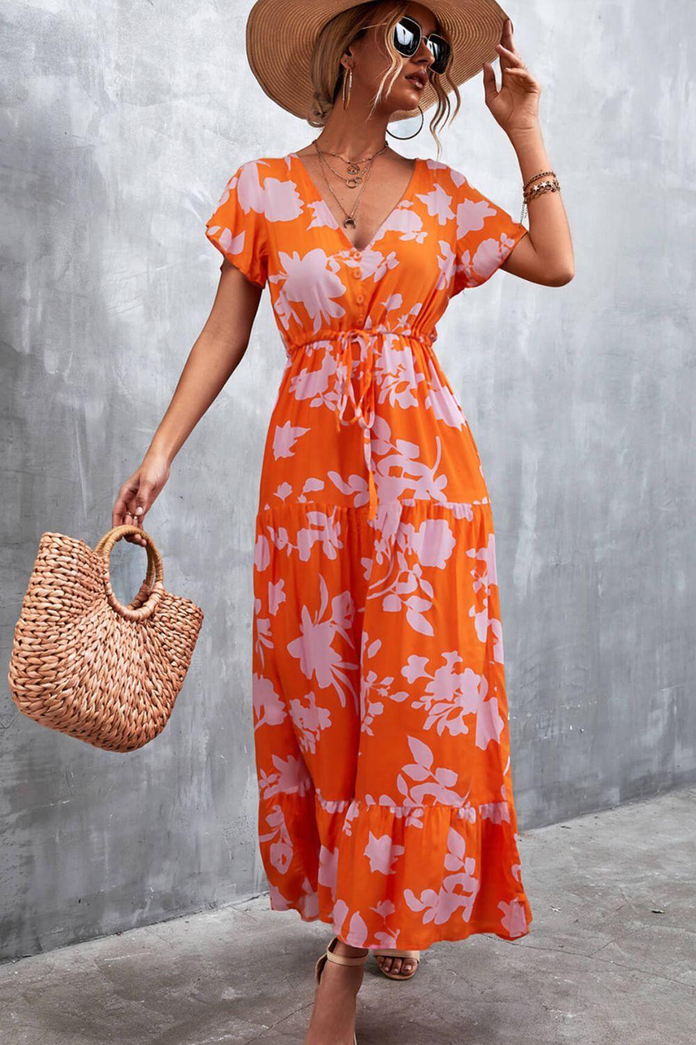 Floral Buttoned Drawstring Waist Tiered Dress - Trendsi - Flyclothing LLC